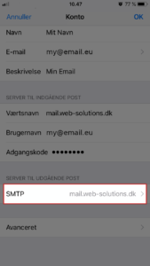 Tryk SMTP, og fra Primary Server section vælg mail.web-solutions.dk.