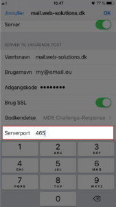  Vi anbefaler at du vælger default Server Port to 465. Tryk Done for at afslutte konfigurationen.