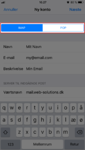 Tryk på Næste for at vælge IMAP-valg og indtast dine personlige data. Tryk på Næste igen for at gemme oplysninger.